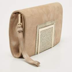 Pre Owned Jimmy Choo Gold Shimmer Suede Alara Wristlet Clutch