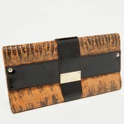 Jimmy Choo Beige/Brown Lizard Embossed and Patent Leather Reese Clutch