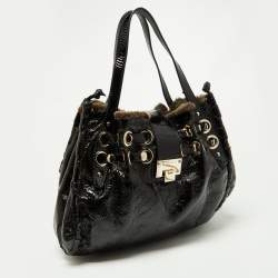 Pre Owned Jimmy Choo Black/Grey Patent Leather and Shearling Ramona Shoulder Bag
