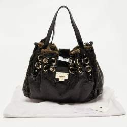 Pre Owned Jimmy Choo Black/Grey Patent Leather and Shearling Ramona Shoulder Bag