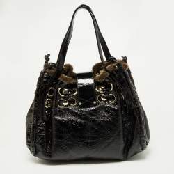 Pre Owned Jimmy Choo Black/Grey Patent Leather and Shearling Ramona Shoulder Bag