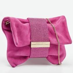 Pre Owned Jimmy Choo Pink Shimmer Suede Chandra Chain Clutch