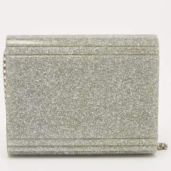 Pre Owned Jimmy Choo Silver Glitter Acrylic and Leather Candy Chain Clutch 