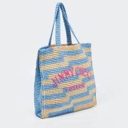 Pre Owned Jimmy Choo Tri Color Woven Raffia Embroidered Logo Avenue Tote