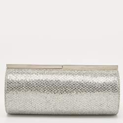 Pre Owned Jimmy Choo Silver Glitter Fabric Twill Tube Clutch