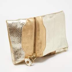 Pre Owned Jimmy Choo Gold Snakeskin and Laminated Suede Martha Clutch