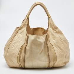 Pre Owned Jimmy Choo Beige/Gold Leather and Suede Mandah Expandable Hobo