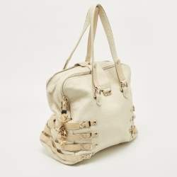 Jimmy Choo Off White/Light Beige Distressed Leather and Snakeskin Trims Bree Satchel