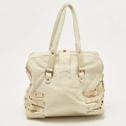 Jimmy Choo Off White/Light Beige Distressed Leather and Snakeskin Trims Bree Satchel