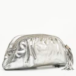 Pre Owned Jimmy Choo Silver Cracking Leather Double Zip Tassel Clutch