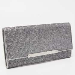 Pre Owned Jimmy Choo Silver Glitter and Leather Metal Logo Flap Clutch