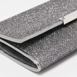 Pre Owned Jimmy Choo Silver Glitter and Leather Metal Logo Flap Clutch