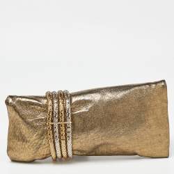 Pre Owned Jimmy Choo Gold Shimmery Leather Chandra Clutch