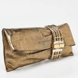 Pre Owned Jimmy Choo Gold Shimmery Leather Chandra Clutch