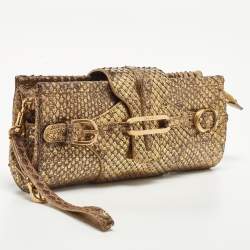 Pre Owned Jimmy Choo Go;ld Watersnake Leather Tulita Wristlet Clutch