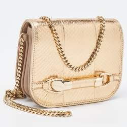 Pre Owned Jimmy Choo Gold/Beige Leather and Snake Skin Trim Zadie Crossbody Bag