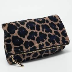 Jimmy Choo Black/Blue Leopard Print Calfhair Zip Fold Over Clutch