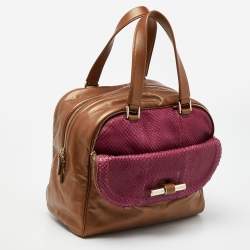 Jimmy Choo Brown/Magenta Leather and Watersnake Leather Justine Satchel 