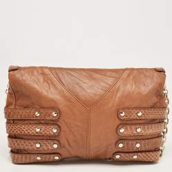 Pre Owned Jimmy Choo Cognac Leather and Python Trim Brix Convertible Clutch