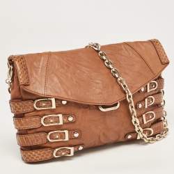 Pre Owned Jimmy Choo Cognac Leather and Python Trim Brix Convertible Clutch