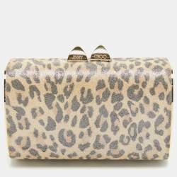 Pre Owned Jimmy Choo Light Beige Leopard Print Suede Compact Twill Tube Clutch