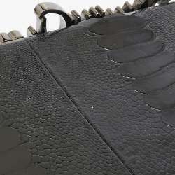 Pre Owned Jimmy Choo Black Ostrich Leg Leather Crystals Logo Frame Clutch