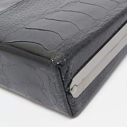 Pre Owned Jimmy Choo Black Ostrich Leg Leather Crystals Logo Frame Clutch