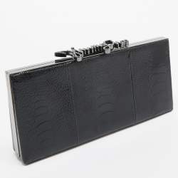 Pre Owned Jimmy Choo Black Ostrich Leg Leather Crystals Logo Frame Clutch