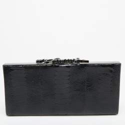 Pre Owned Jimmy Choo Black Ostrich Leg Leather Crystals Logo Frame Clutch
