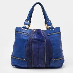 Pre Owned Jimmy Choo Blue Leather and Suede Mandah Expandable Bag
