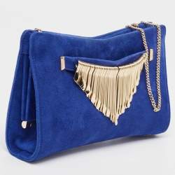 Jimmy Choo Blue Alcantara Fringe Bracelet Venus Chain Clutch 