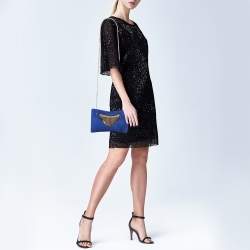 Jimmy Choo Blue Alcantara Fringe Bracelet Venus Chain Clutch 