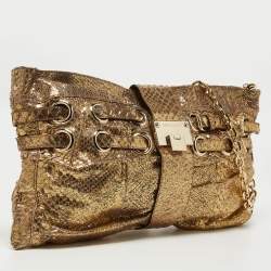 Pre Owned Jimmy Choo Gold Python Oversize Ramona Chain Clutch
