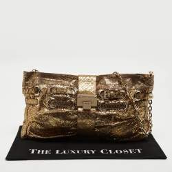 Pre Owned Jimmy Choo Gold Python Oversize Ramona Chain Clutch