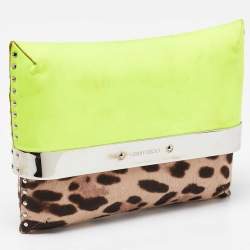 Pre Owned Jimmy Choo Neon/Brown Leopard Print Calfhair and Patent Leather Clutch