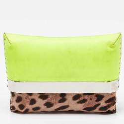 Pre Owned Jimmy Choo Neon/Brown Leopard Print Calfhair and Patent Leather Clutch