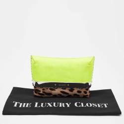 Pre Owned Jimmy Choo Neon/Brown Leopard Print Calfhair and Patent Leather Clutch