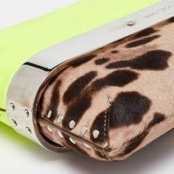 Pre Owned Jimmy Choo Neon/Brown Leopard Print Calfhair and Patent Leather Clutch