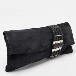 Pre Owned Jimmy Choo Black Iridescent Suede and Snakeskin Chandra Clutch
