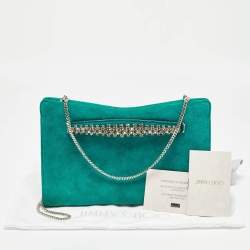 Pre Owned Jimmy Choo Green Suede Crystals Venus Clutch On Chain