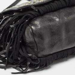 Jimmy Choo Black Snakeskin and Leather Studded Fringe Shoulder Bag