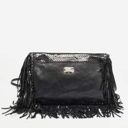 Jimmy Choo Black Snakeskin and Leather Studded Fringe Shoulder Bag