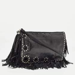 Jimmy Choo Black Snakeskin and Leather Studded Fringe Shoulder Bag