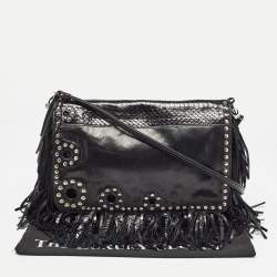 Jimmy Choo Black Snakeskin and Leather Studded Fringe Shoulder Bag