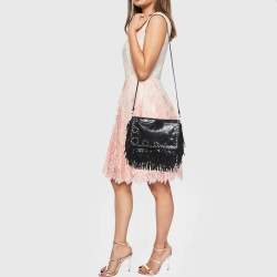 Jimmy Choo Black Snakeskin and Leather Studded Fringe Shoulder Bag