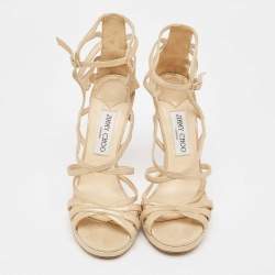 مملوكة مسبقًا Jimmy Choo Gold Laminated Suede Strappy Sandals Size 38