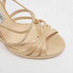 مملوكة مسبقًا Jimmy Choo Gold Laminated Suede Strappy Sandals Size 38