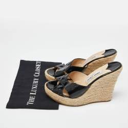 Pre Owned  Jimmy Choo Black Patent Leather Phyllis Espadrille Wedge Sandals Size 39