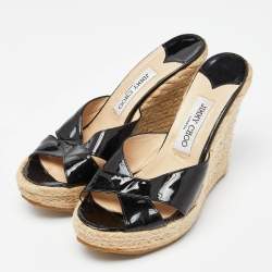 Pre Owned  Jimmy Choo Black Patent Leather Phyllis Espadrille Wedge Sandals Size 39