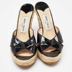 Pre Owned  Jimmy Choo Black Patent Leather Phyllis Espadrille Wedge Sandals Size 39